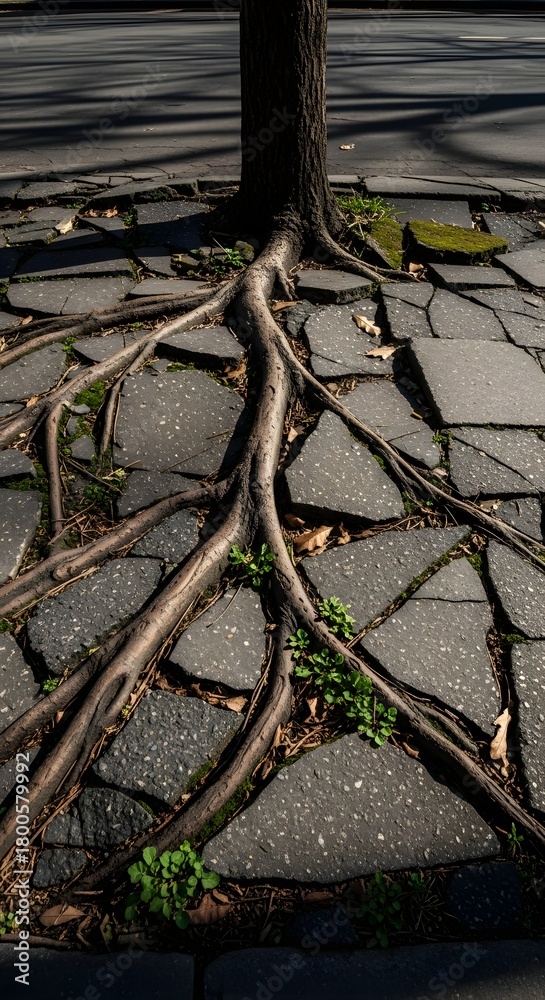 Tree roots extending over a paved sidewalk, causing uneven surface and ...