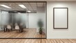 © Khoira Studio - Blank canvas near business room with white armchairs and wooden table, black carpet on parquet floor. Advertisement board near meeting room entrance, 3D rendering no people