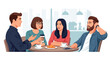 © Anisah - A group of diverse friends enjoying coffee and conversation in a cafe setting illustration