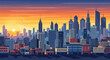 © Anisah - Vibrant sunset over a modern cityscape with towering buildings and artistic skyline illustration