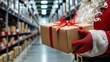 © HikikomorAI - Santa Claus Holding Holiday Gift Box in Modern Distribution Warehouse for Christmas Online Retail and Fast Delivery Logistics