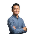 © Stock Gallery - Confident young Asian man in a blue shirt smiling with arms crossed isolated on white background