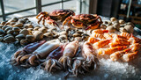 Assorted fresh seafood on ice including shrimp squid clams and crustaceans