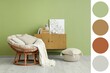 © Pixel-Shot - Modern armchair with blanket and books on wooden cabinet in living room. Different color patterns