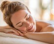 © Tima - Young Caucasian woman with brown hair relaxes during a massage. She has a serene expression and is lying on a soft surface in a bright, calming environment.