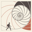 © Gf - Abstract illustration of a person walking towards a large nautilus shell spiral, symbolizing journey, growth, and the beauty of mathematical patterns in nature
