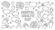© Mr. Stocker - A set of hand-drawn doodle icons for a mental health awareness event, featuring brains, hearts, support ribbons, and speech bubbles in a simple black and white line art style