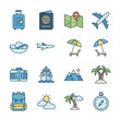 © Sukifli Dakheng - Vibrant travel icons depict exciting anticipation of well deserved vacation. diverse set represents key elements of exploration, from packing luggage to navigating new destinations, sunny sky