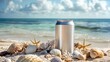 © Chaikit - Unopened silver soda can positioned among natural beach collection of shells and coral, refreshing branded mockup, soft natural lighting, pristine oceanside setting