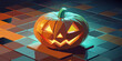 © MDShajedur - A glowing jackolantern sits on a checkered surface, its triangular eyes and toothy grin radiating an eerie light, casting shadows on the surrounding tiles