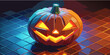 © MDShajedur - A vibrant jackolantern with glowing eyes and a toothy grin sits against a backdrop of checkered tiles, its warm light contrasting with cool hues