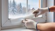 © Наталия Пилипенко - Close-up of gloved hands sealing a window frame with foam tape to prevent heat loss. Ideal for themes of energy saving, winter insulation, cold-season home protection, and DIY efficiency fixes