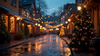© Hengnapatr - a cozy, illuminated street at dusk, with Christmas lights strung overhead, a decorated tree