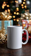 © Hector - Blank white mug on rustic table with blurred Christmas lights and gifts
