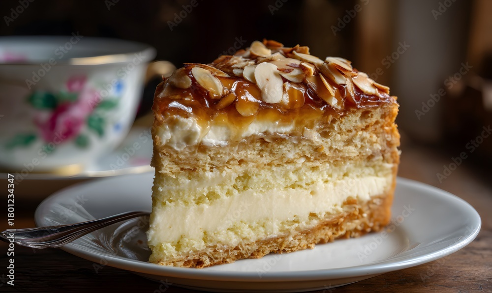 A slice of German Bienenstich cake on a white ceramic plate, showing distinct layers of tender golden yeast cake with a thick vanilla custard cream filling in the middle, topped with caramelized honey