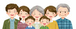 © Dizzi - Ilustración vectorial de una familia multigeneracional japonesa sonriente y unida sobre fondo blanco.