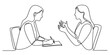 © Single Line Art - Continuous line drawing of two women, one writing notes while the other gestures and speaks, representing a consultation, interview, or discussion.