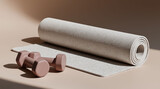 Rolled yoga mat positioned beside small dumbbells creates minimalist fitness composition.