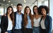 © Matthew - Happy diverse business team stands together. International colleagues look friendly, confident. Teamwork, global collaboration concepts visible. Professional business attire. Global connectivity