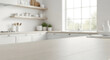 © MASHUD - Bright and airy modern kitchen interior with white cabinets and natural light streaming through a large window