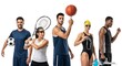 © Alvin - A diverse group of five fit, young athletes wearing various sportswear, posing with equipment representing different sports like soccer, tennis, basketball, and swimming.