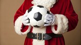 Festive holiday portrait showing Santa Claus holding a classic soccer ball, combining Christmas charm with athletic spirit in a playful seasonal sports-themed composition.
