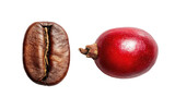 Two coffee beans, one roasted, one red cherry, on black