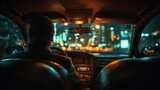 Night city view from inside car with driver silhouette and bokeh lights