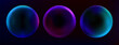 © klyaksun - 3D gradient spheres and abstract bubbles on black background. Futuristic flowing shapes blend neon colors from blue and green to purple with soft light effects. Dynamic fluid modern circular forms.