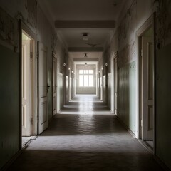  Long, dimly lit corridor in an abandoned building with peeling paint and a bright window at the end, creating a sense of mystery and decay