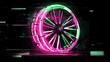 © yuan - Glitched neon wheel glows with pink and green hues against a black digital background