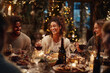 © The Yudel Media - A warm and joyful holiday gathering where friends share laughter, conversation, and good food. Sparkling lights and festive decorations fill the background as everyone sits around a beautifully set di
