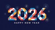 © Ali Raza - Vibrant and celebratory 2026 happy new year graphic with colorful geometric patterns and sparkling fireworks on a dark blue background perfect for festive greetings and event promotions