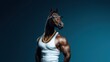 © Nataliya - Muscular horse wearing glasses and a chain shirt stands confidently against a blue background
