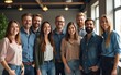 © Lila - Smiling team of diverse businesspeople standing together in an office. generative AI. High quality