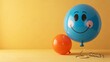 © NAEEM - Cheerful blue balloon with a smiling face and a bright orange balloon resting near decorative curled ribbon against yellow background