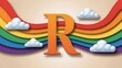 © NAEEM - Colorful paper cut-out design features the uppercase letter r with a rainbow and soft fluffy clouds against a neutral background
