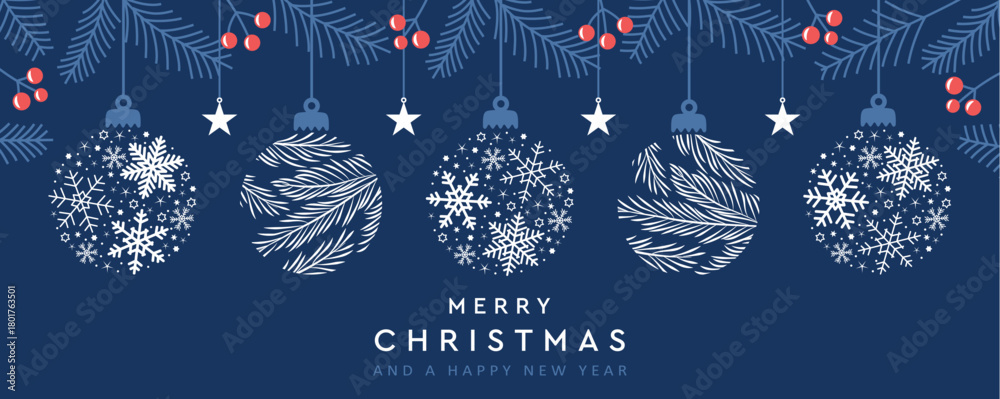 merry christmas card with hanging ball decoration vector illustration ...