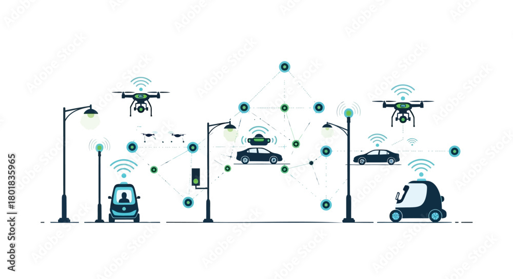 Smart city technology illustrating connected autonomous vehicles drones ...