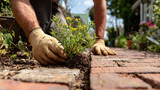 Gardener plants a new plant between the brick path on a sunny day. Hands with gloves hold small plant with yellow flowers. Gardening scene.