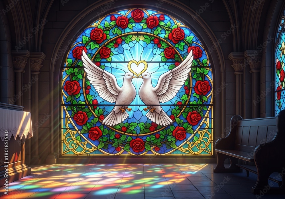Stained glass window in a church with two doves of peace and red roses ...