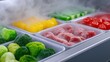 © ERiK - Detailed close-up of a deep freezer filled with frozen meat, vegetables, and ice packs. The frost on the plastic packaging and the cool mist create a sense of freshness.