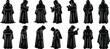 © ARMAN STOCK - Hooded monk silhouettes standing in various mysterious poses, expressing secrecy, ritual symbolism, spiritual tradition, ancient culture, medieval atmosphere, and dark robed figures