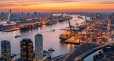 A bustling harbor scene with cranes, ships, and buildings at sunset, with a focus on the Rotterdam skyline.