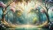 © Vibrant Visions Pixe - Enchanted Forest Scene Magical Pond, Blossoming Trees, and Glowing Lights in a Dreamlike Setting