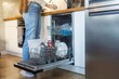 © Forewer - Woman opens a dishwasher. Time-saving technology. Open built-in dishwasher. White kitchen with integrated appliances. Clean plates and dishes in the dishwasher