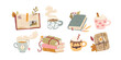 © Svitlana Kharchuk - Autumn set with books, various cozy hot drinks in cute cups and leaves. Hand-drawn vector illustrations in cartoon trendy textured pastel style. For reading lovers. Isolate on white background.