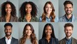 © miss irine - Eight different diverse smiling people in headshots organized in a grid. Adults of varied ethnicities and genders pose for portraits. Colleagues or employees shown with professional attire.