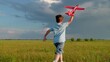 © Victoriia - Cheerful boy dream of fly plane to travel. Child pilot play an airplane in green meadow. Happy boy play with toy airplane in spring meadow against sky, slow motion. Child holds an airplane in his hand