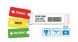 © Bening - Medical triage tags in red, yellow, and green, along with patient identification wristband with name, date birth, and barcode